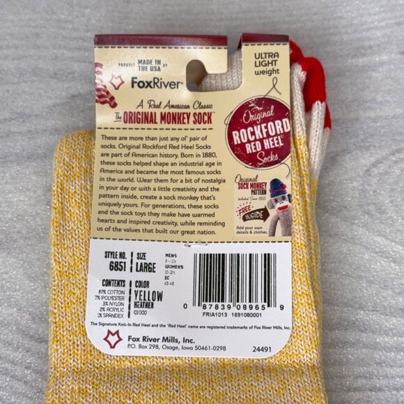 Two Pairs YELLOW Rockford Red Heel Socks LARGE Sock Monkey USA Fox River Mills - Picture 4 of 5